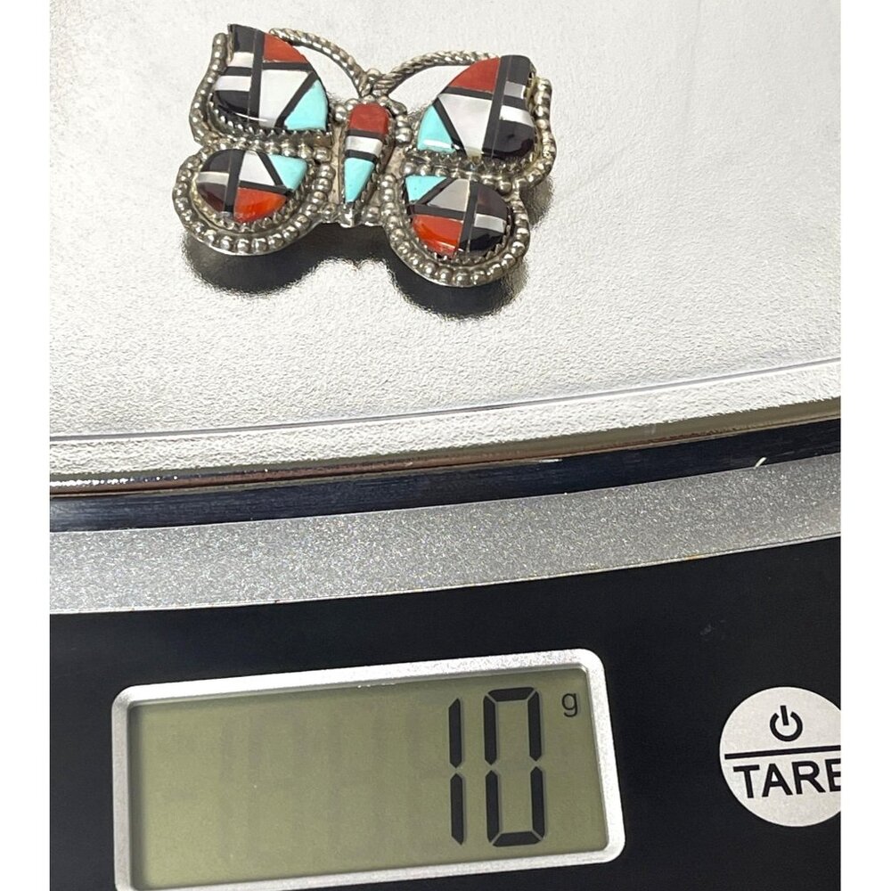 Zuni Native American Inlay Gemstones Butterfly Pin Brooch Pendant Signed Silver - Picture 10 of 13